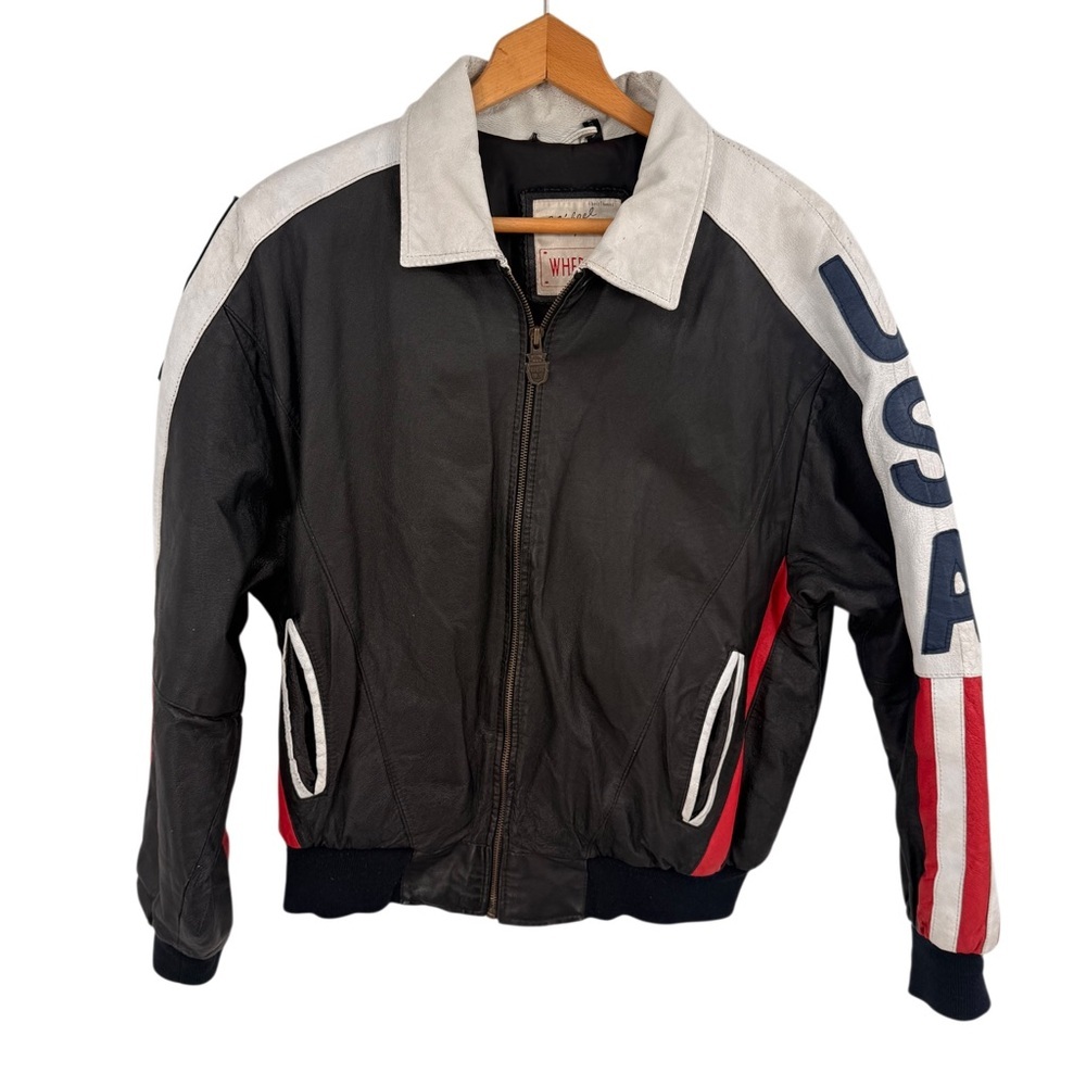 Vintage Michael Hoban Leather Jacket Mens Large USA Flag Motorcylcle 90s